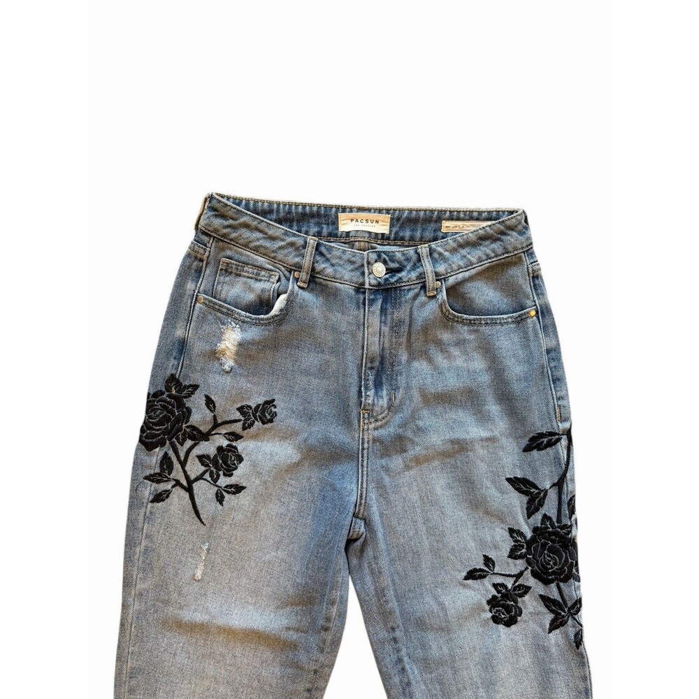 PacSun Mom Jeans Women's 28 6 Blue Denim Embroidered Flower Distressed 5-Pocket - Picture 2 of 7
